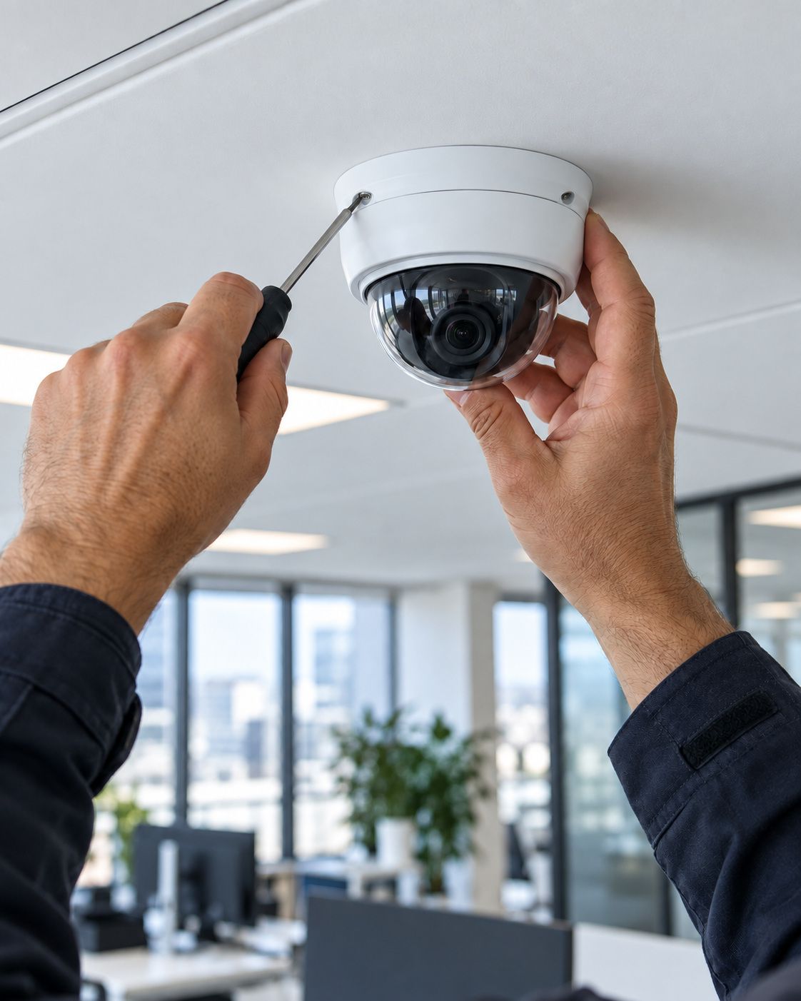 Technician installing a dome CCTV camera on a ceiling