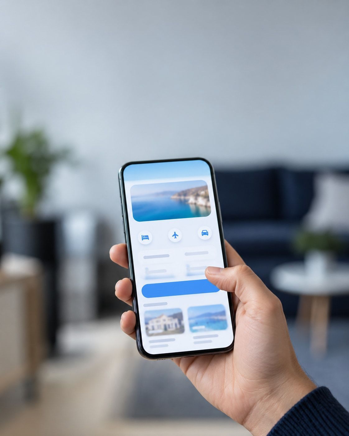Hand holding a smartphone with a mobile app on the screen