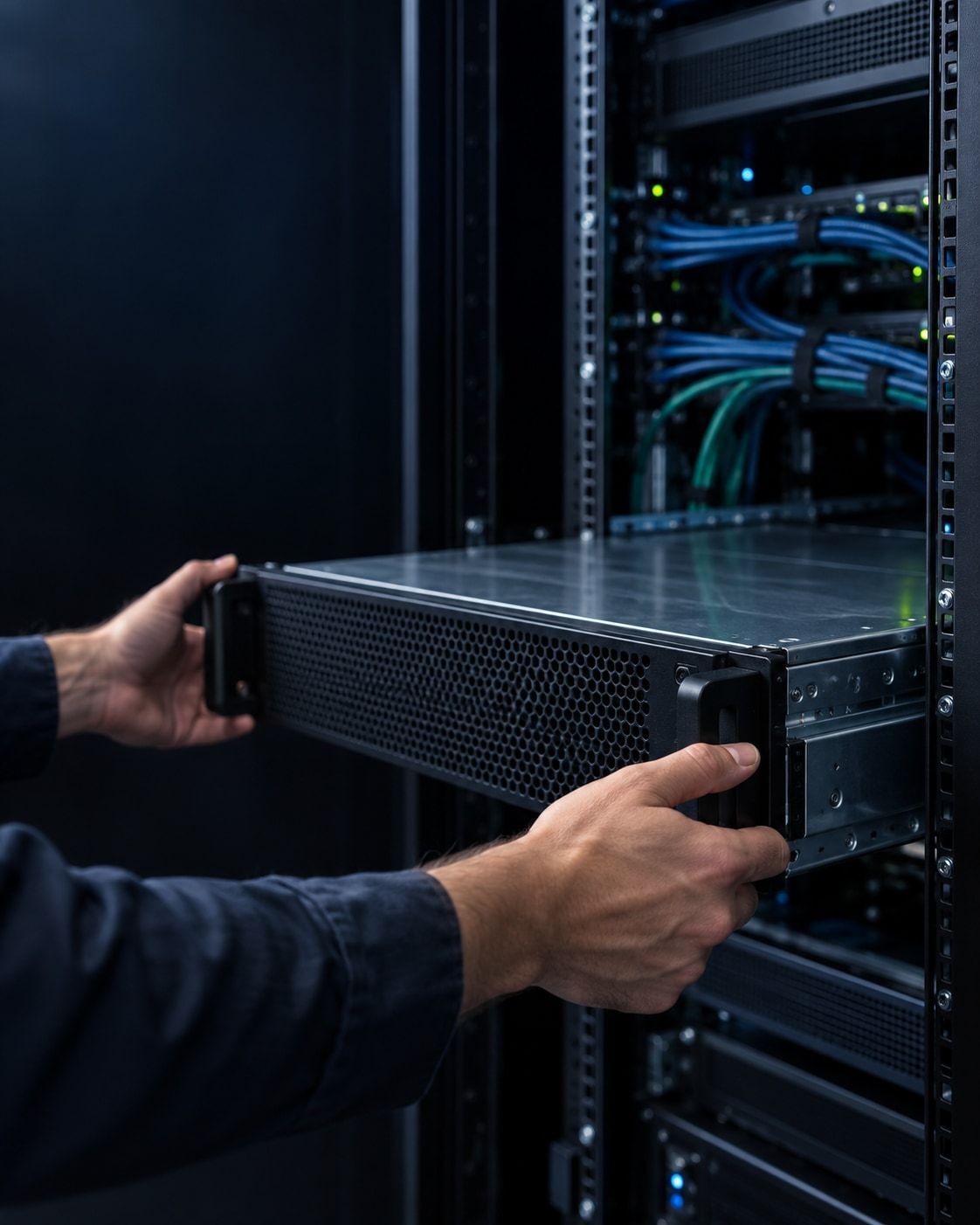 Technician's hands installing a server into a network rack