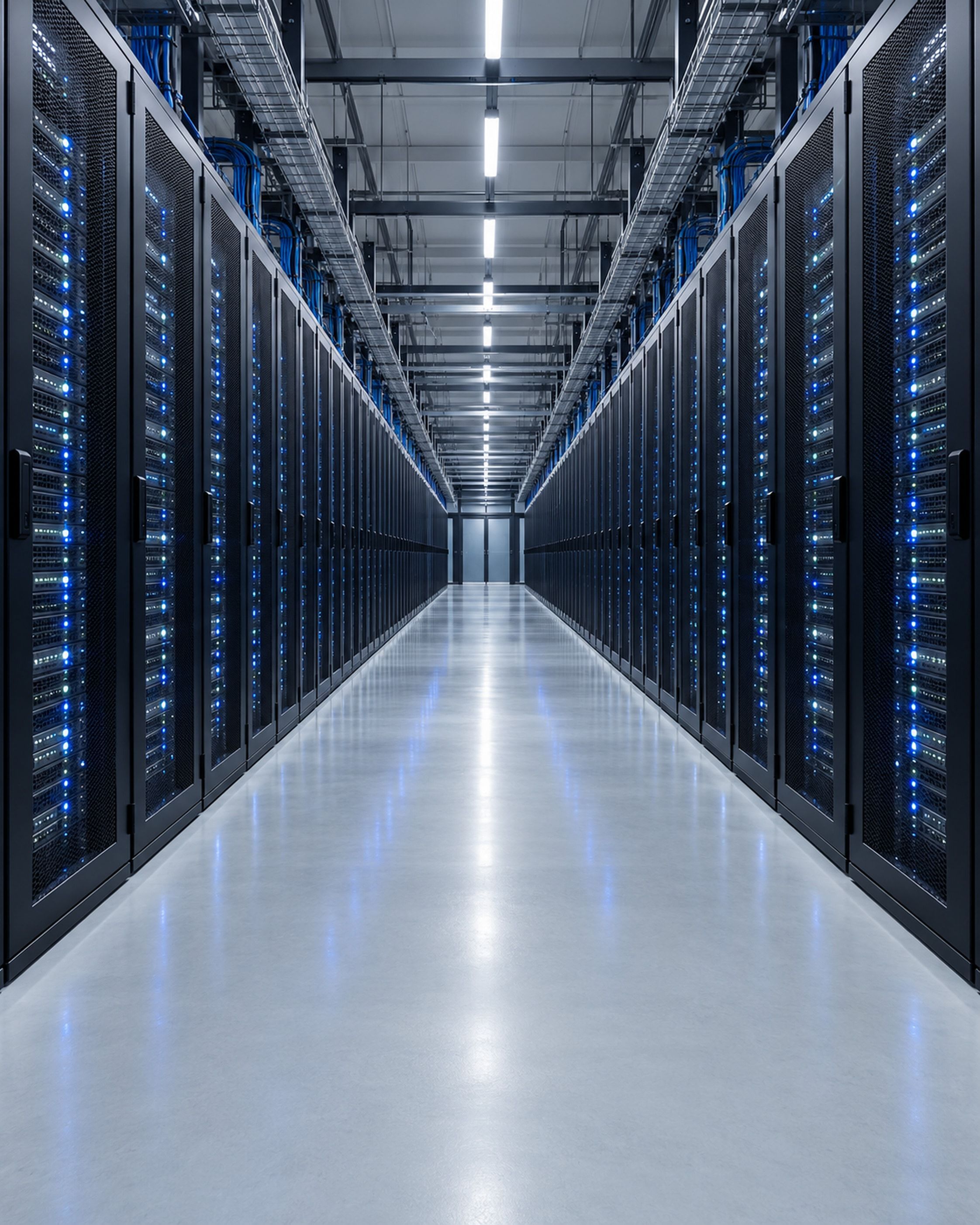 Aisle between rows of server racks in a data centre