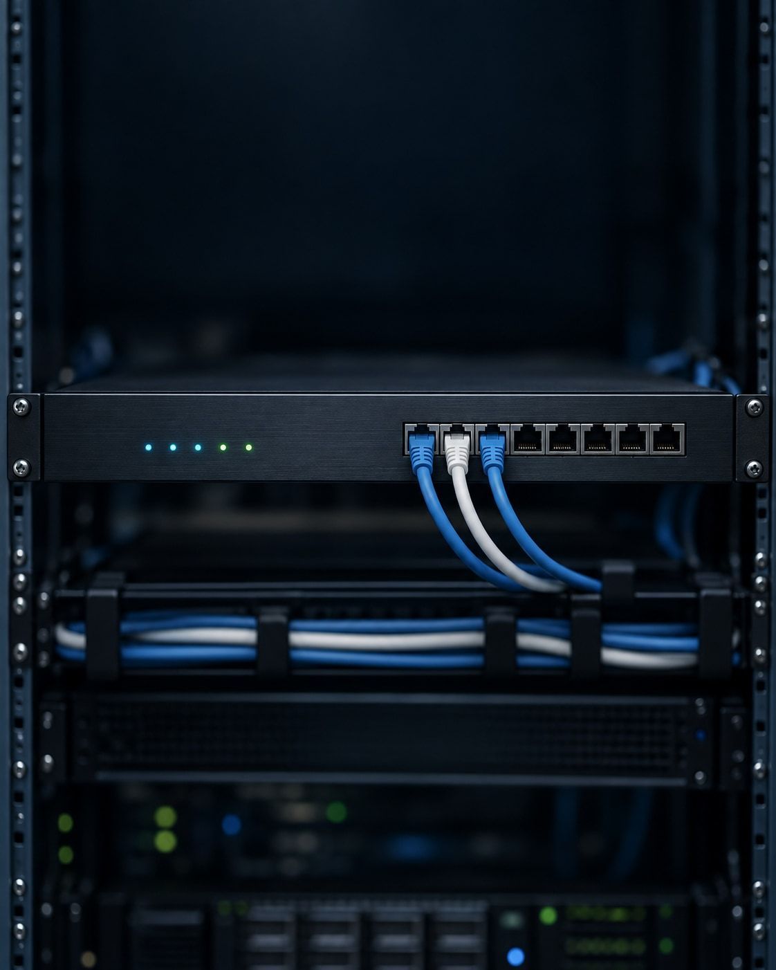 Network security appliance with patch cables and status lights in a rack