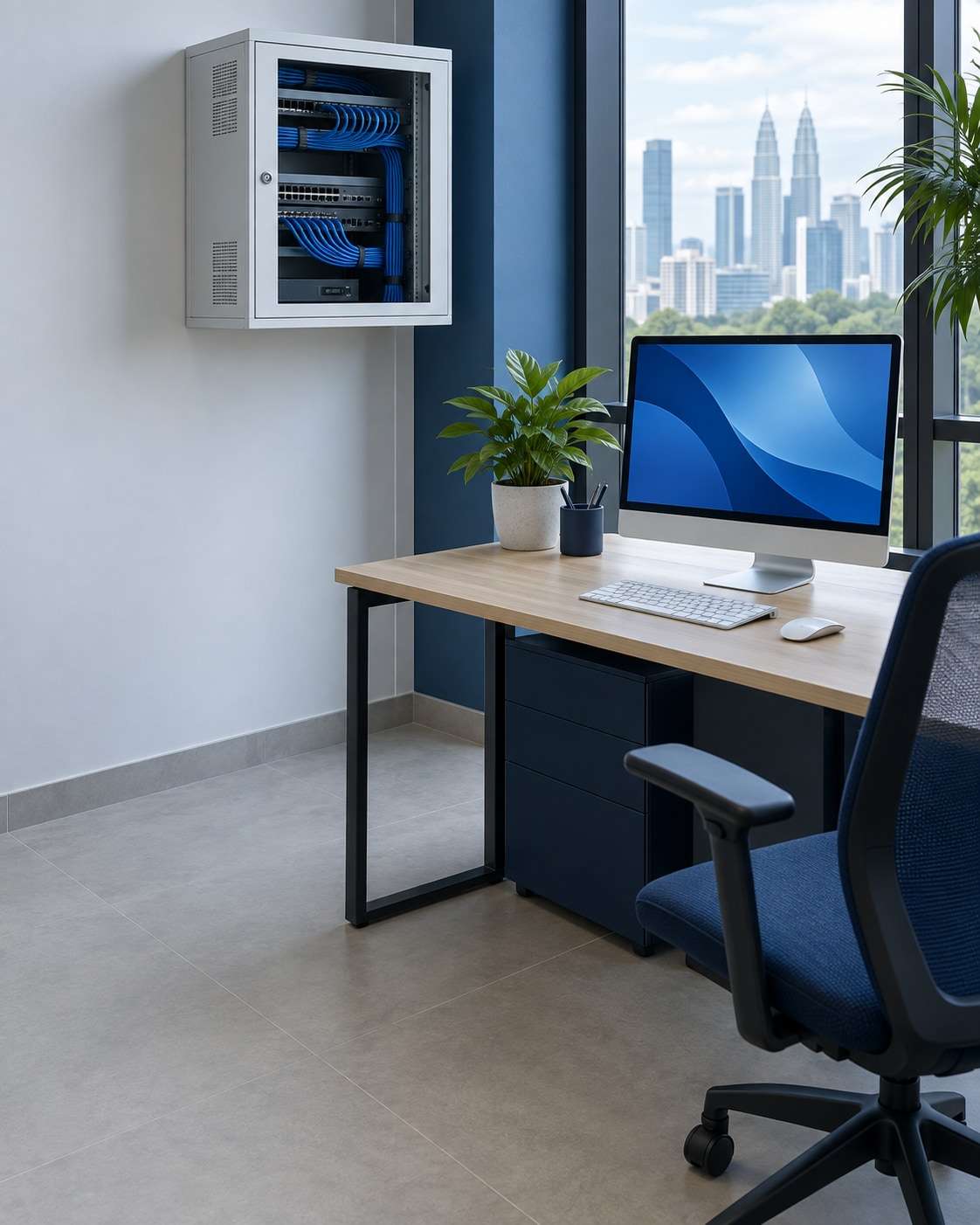 A small business workspace with a desktop computer and a compact network cabinet on the wall