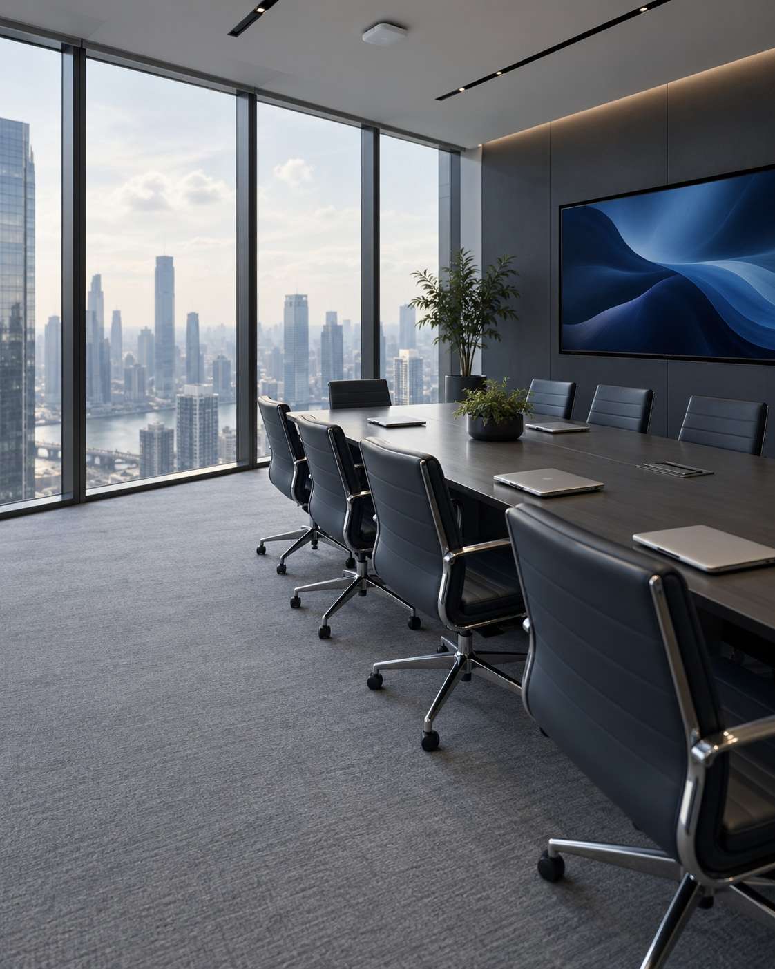 A glass-walled corporate meeting room with a large wall display overlooking the city