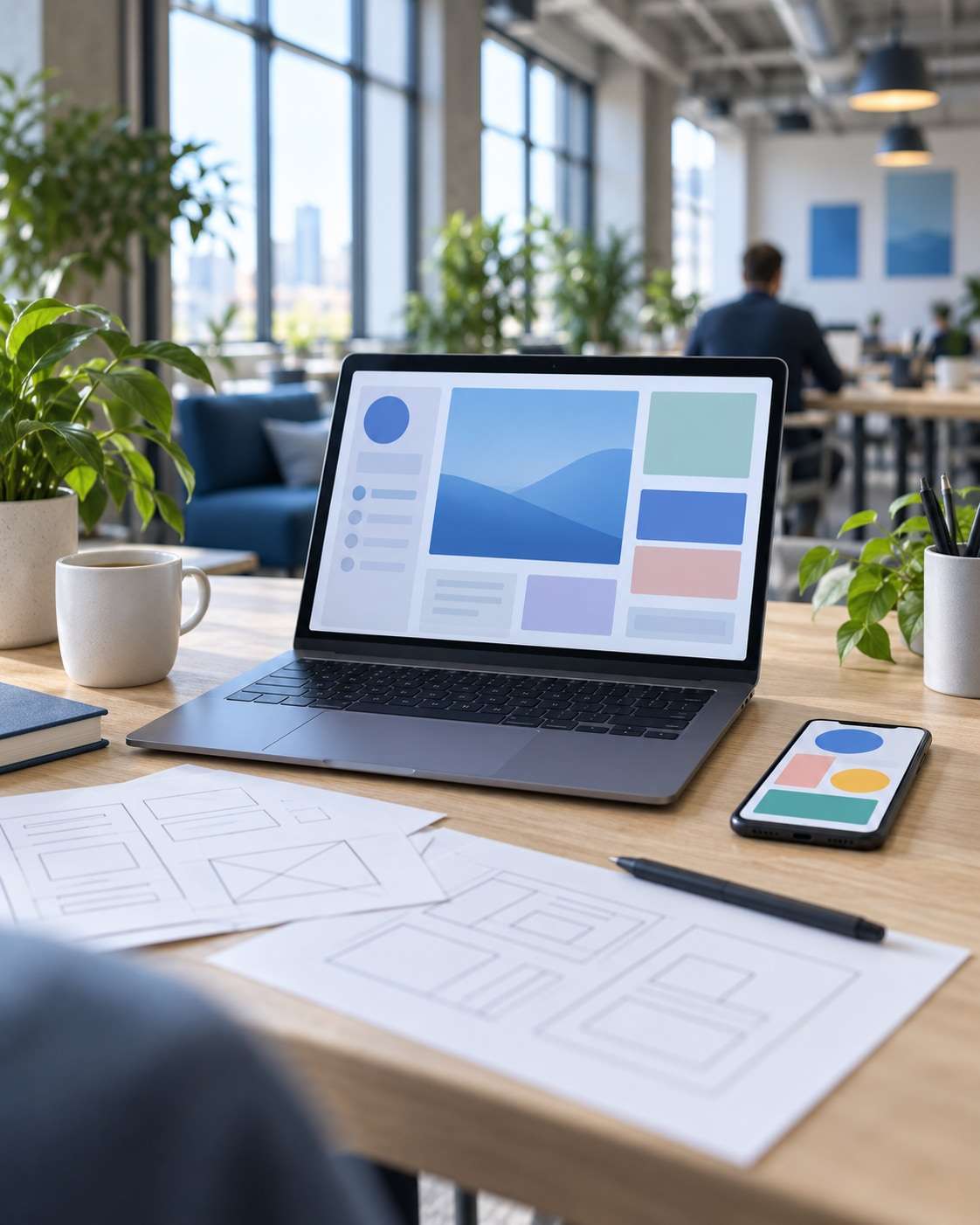 A bright startup workspace with a laptop, a smartphone and design sketches on a shared table