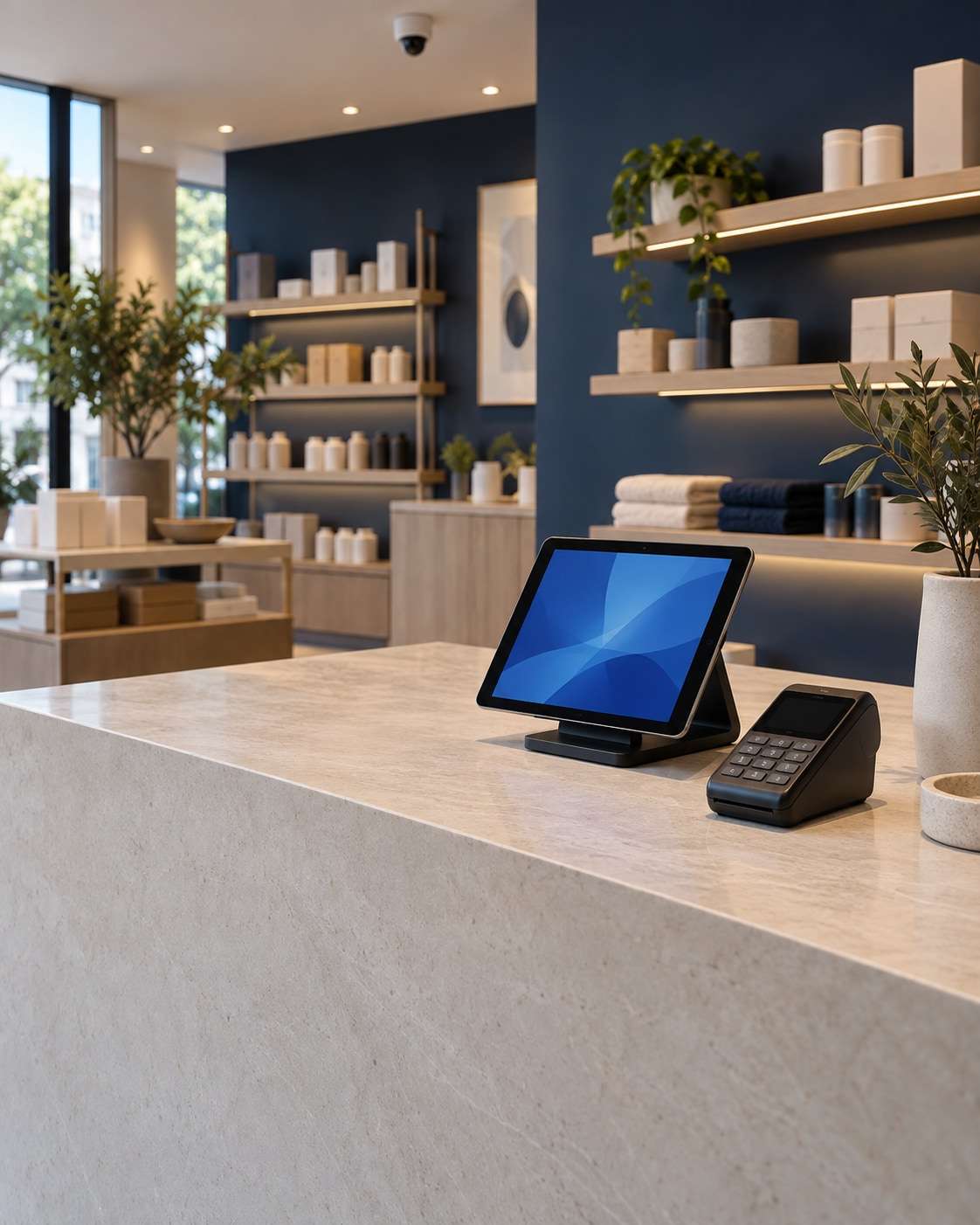 A modern retail shop counter with a card terminal, a tablet till and a ceiling security camera