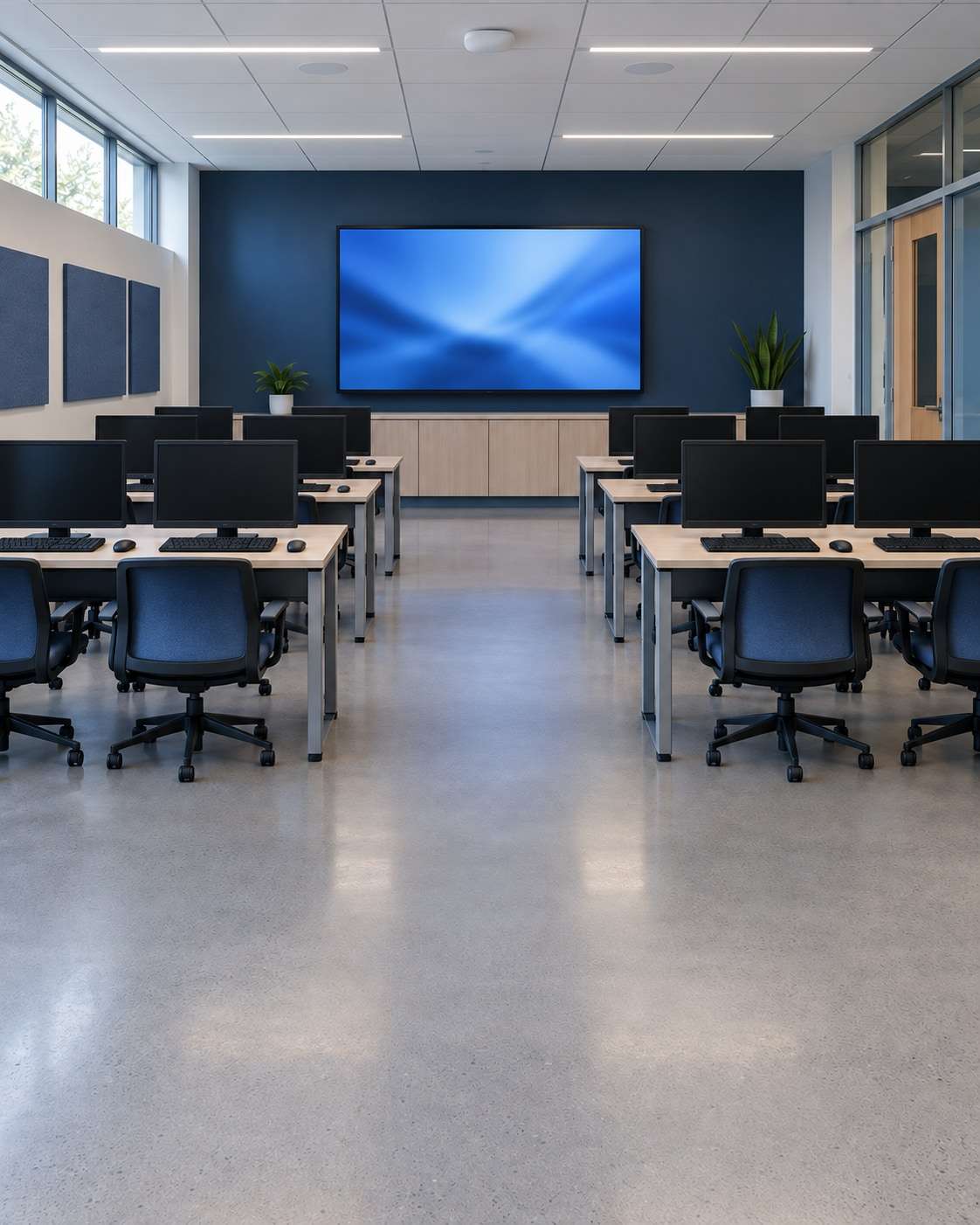 A computer training room in an institution, with rows of workstations