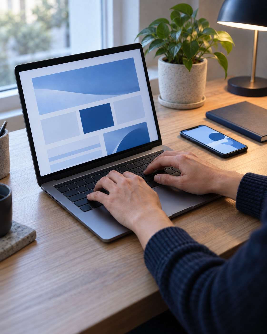 Hands using a laptop and smartphone at a home desk
